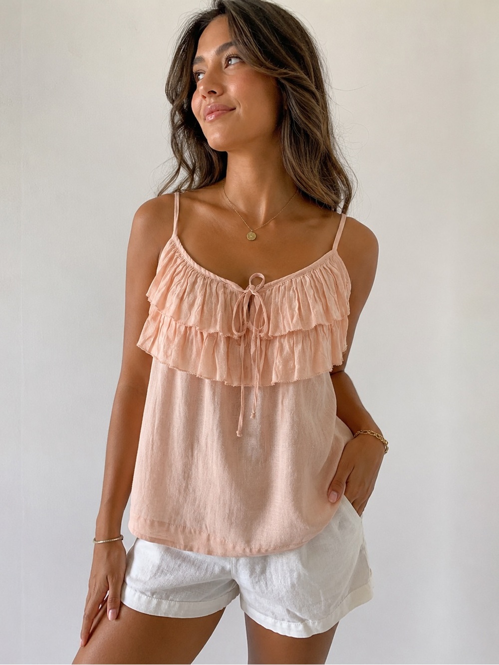 LOFT Ann Taylor Blush Pink Linen Blend Ruffle Cami Tank Top XS Boho Cottagecore